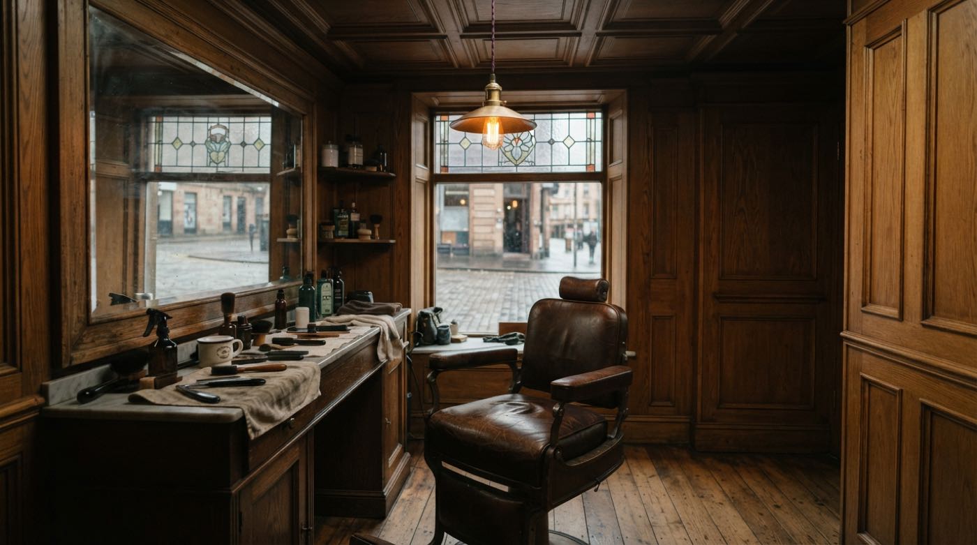 A leather barber chair under a brass pendant light